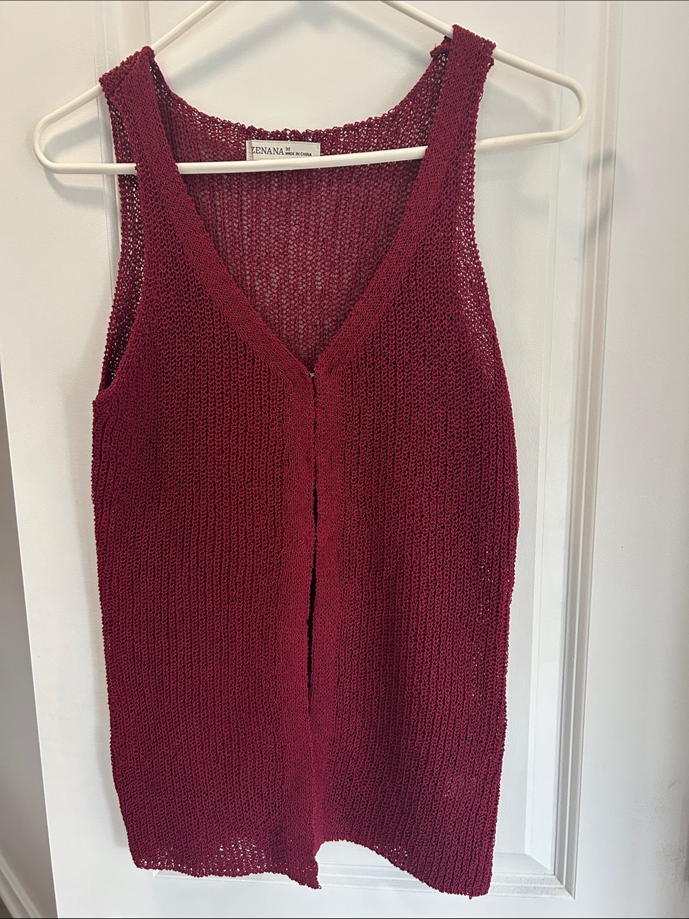 Zenana Outfitters Open-Knit V-Neck Tank - Berry